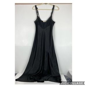 VINTAGE Victoria's Secret GOLD LABEL Satin Slip Dress Slit Black Sz Small? READ